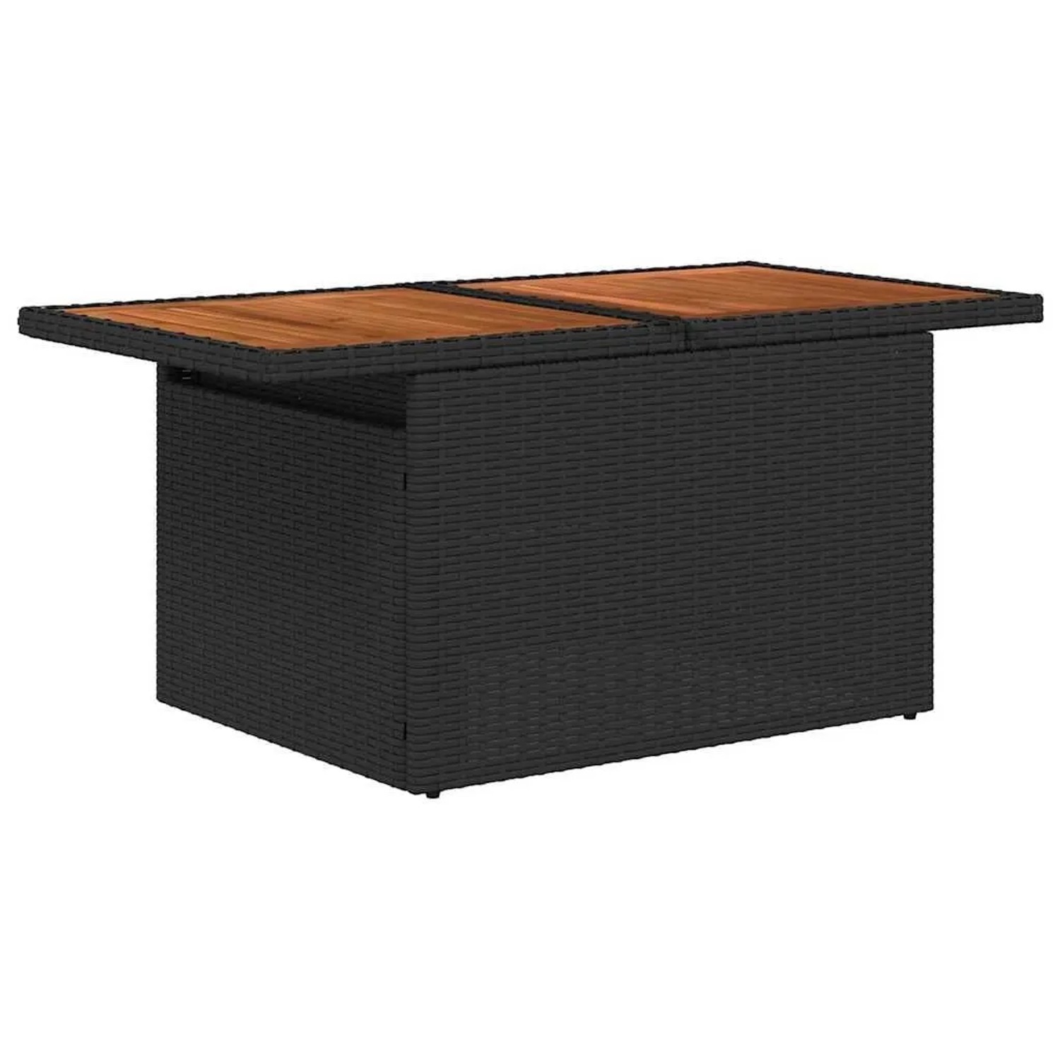 vidaXL Garten Essgruppe: Tisch mit schwarzem Rattan-Gestell und brauner Akazienholz-Tischplatte.