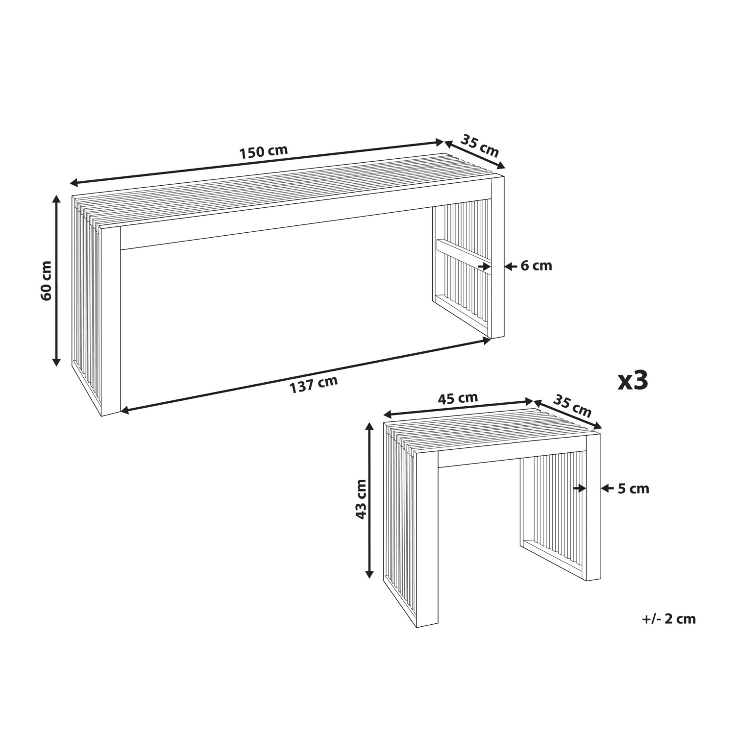Maßzeichnung des Beliani Gartentisch-Sets BELLANO mit 3 Hockern. Zeigt Abmessungen des hellen Akazienholz-Tisches und der Hocker.