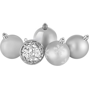 Weihnachtskugel-Set Ornament, 25-teilig, Ø 6 cm, silberfarben, mit verschiedenen Designs.