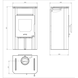 Technische Zeichnung Wamsler Cube NS Kaminofen: Maße und Details des Stahl Naturstein Ofens.