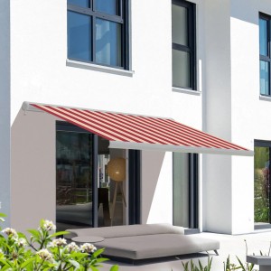 Elektrische Kassettenmarkise, rot-weiß-beige gestreift, weiße Kassette, 4,5x3,0m, für optimalen Sonnenschutz.