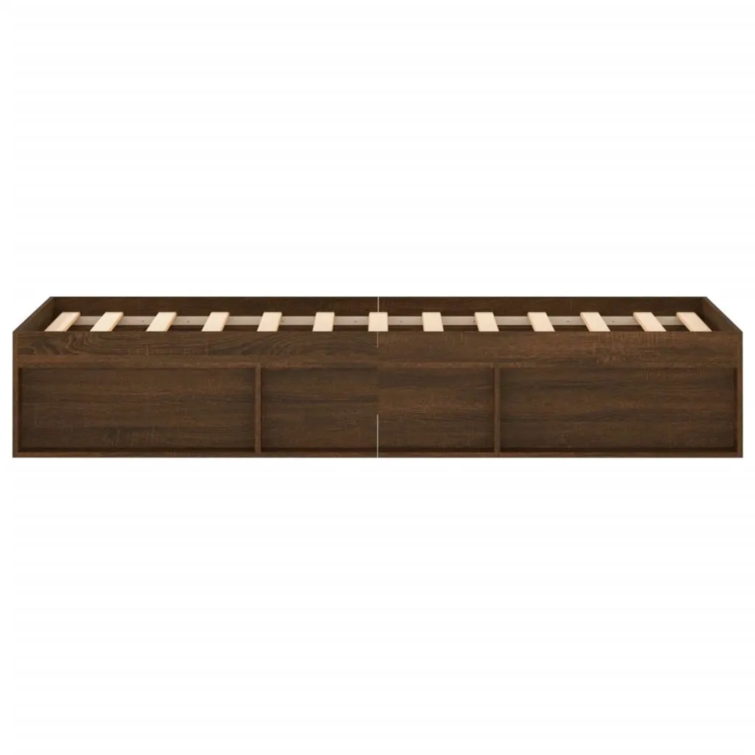 Bettgestell in Braun Eichen-Optik, 120x200 cm, mit Lattenrost und Stauraumfächern.