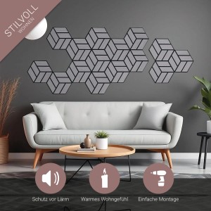 Graue Homestyle4u Akustikpaneele in Hexagon-Form an der Wand über einem Sofa.