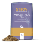 STROY Miscanthus Pellets Einstreu, 15kg, in lila-goldener Verpackung mit braunen Pellets davor.