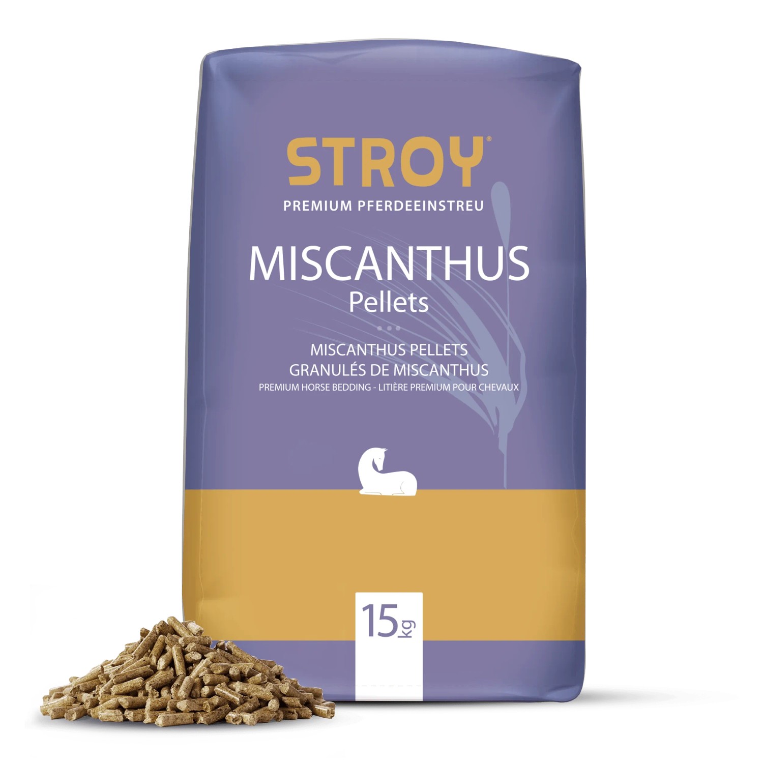 STROY Miscanthus Pellets Einstreu, 15kg, in lila-goldener Verpackung mit braunen Pellets davor.