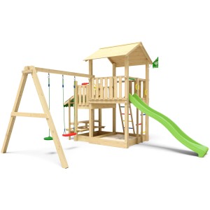 Jungle Gym Spielturm Skyline mit Doppelschaukel, Rutsche und Picknick Modul aus Holz.
