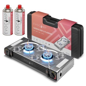 Evocamp Camping Gaskocher 2-flammig mit Gaskartuschen und Transportkoffer.