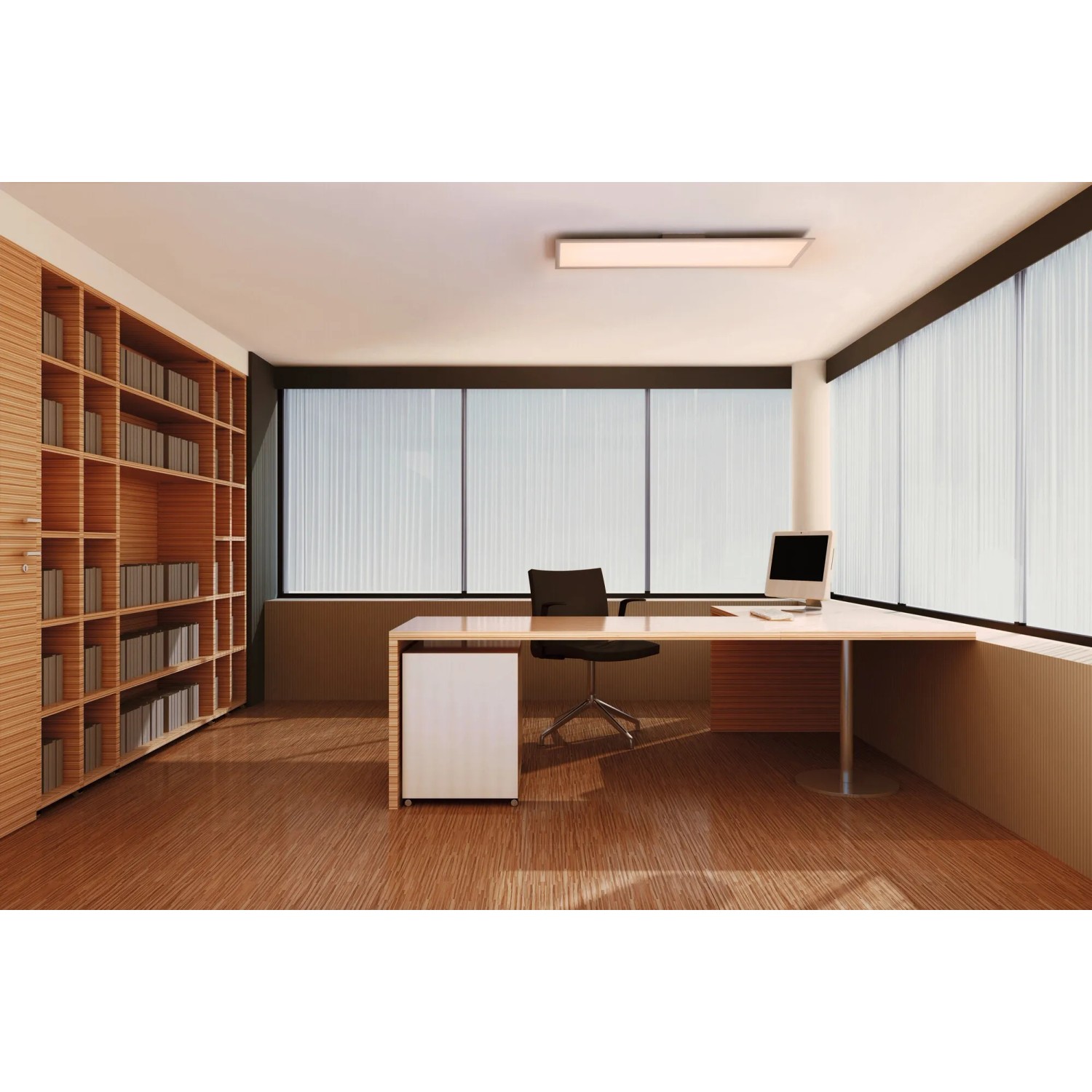 Moderne Büroeinrichtung mit Ledvance LED-Deckenleuchte Planon Plus, weiß, 100x25 cm.