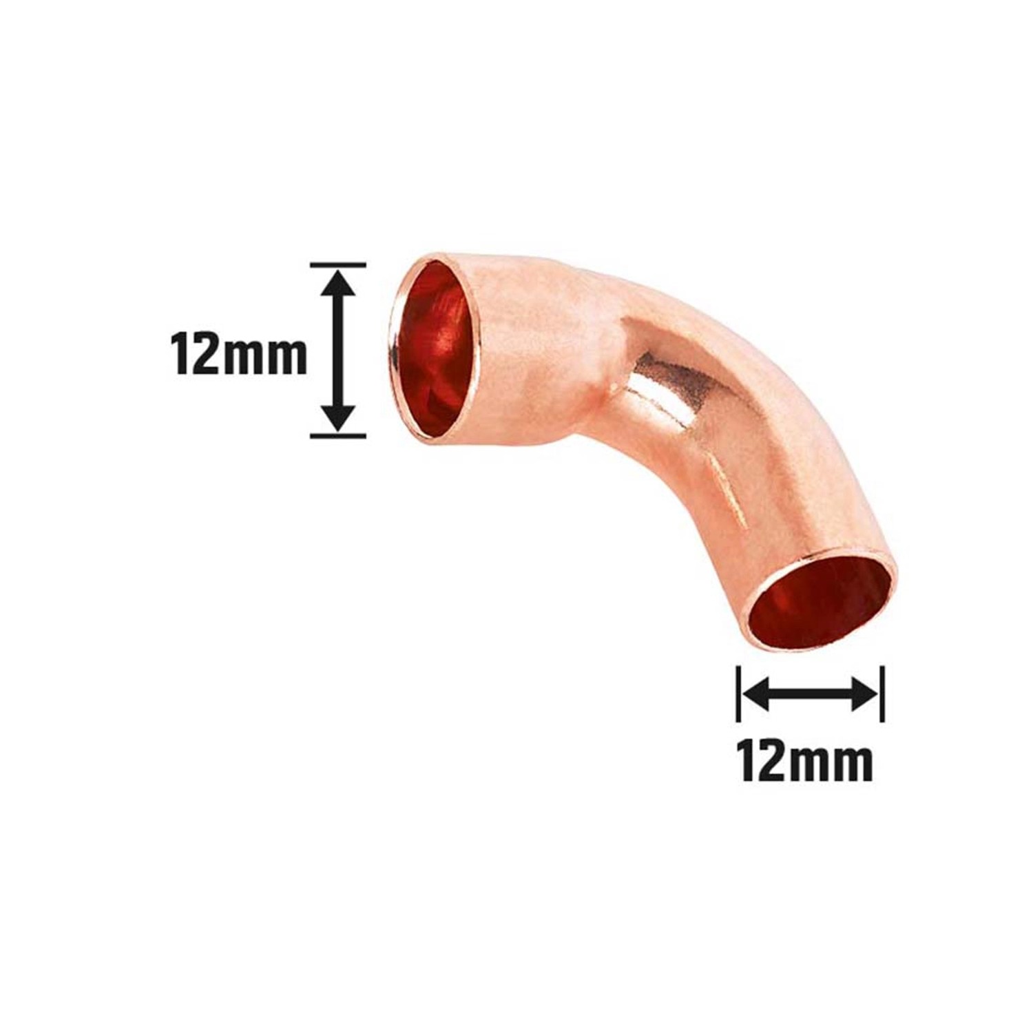 Kupfer Löt-Bogen, 90° Winkel, 12 mm Durchmesser für Trinkwasserinstallation.