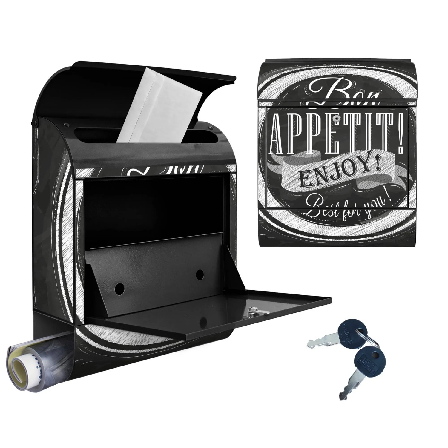 Schwarzer Banjado Design Briefkasten mit Bon Appetit Motiv, Zeitungsfach und 2 Schlüssel.