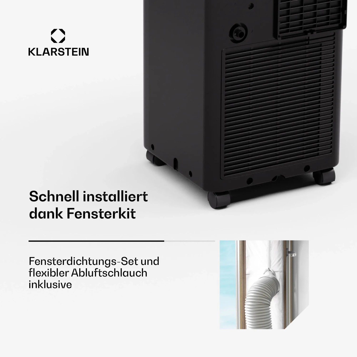 Klarstein Aero Ring 9K Klimaanlage, schwarzes Gehäuse mit Rollen und Fensterdichtungs-Set.