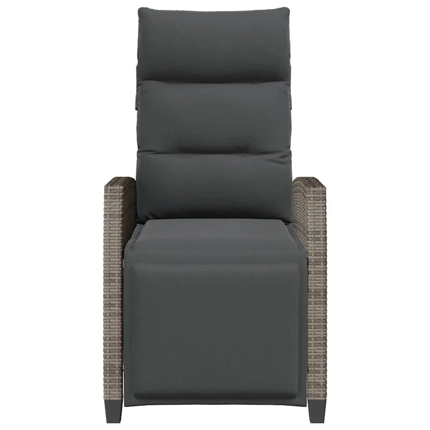 Grauer vidaXL Poly Rattan Gartensessel mit dunklen, dicken Polstern und integrierter Ablage. Verstellbarer Relaxsessel für Garten.
