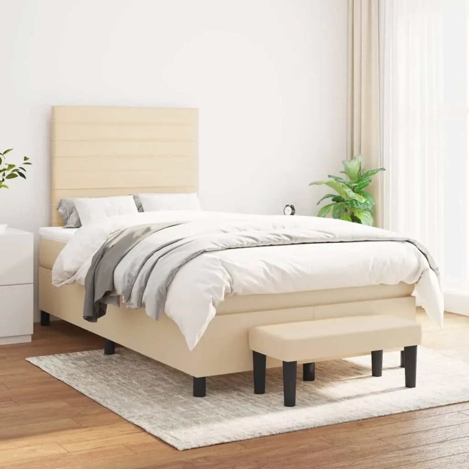 Cremefarbenes vidaXL Boxspringbett (120x190 cm) mit Matratze und Bank, Stoffbezug.