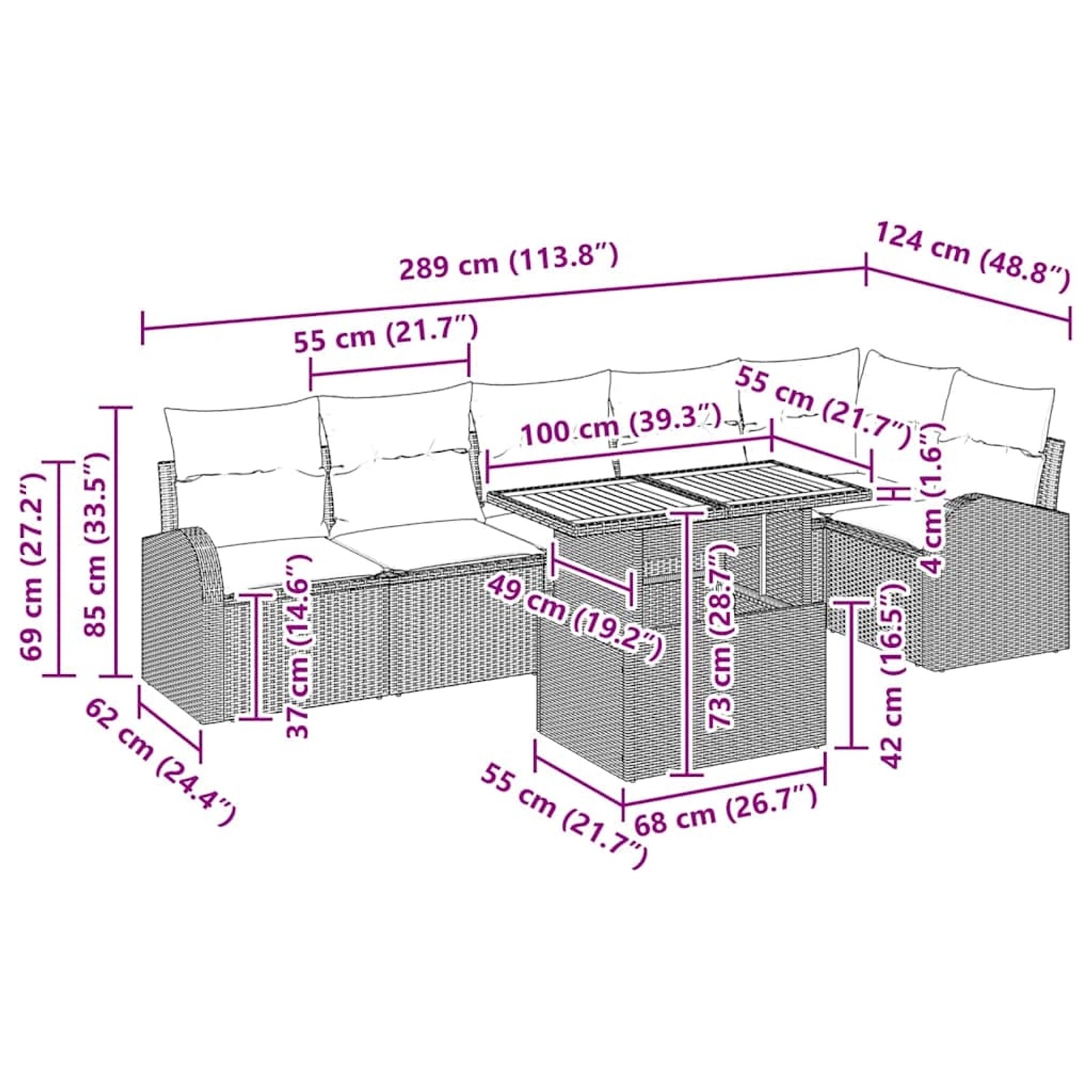 vidaXL Gartenmöbel-Set, 7-teilig, schwarz, Poly Rattan, mit Maßen und Stauraum.