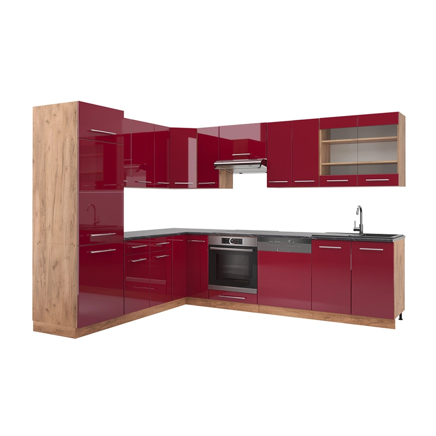 Vicco Fame-Line Eckküche Bordeaux Hochglanz/Goldkraft Eiche 227 x 60 cm ohn günstig online kaufen