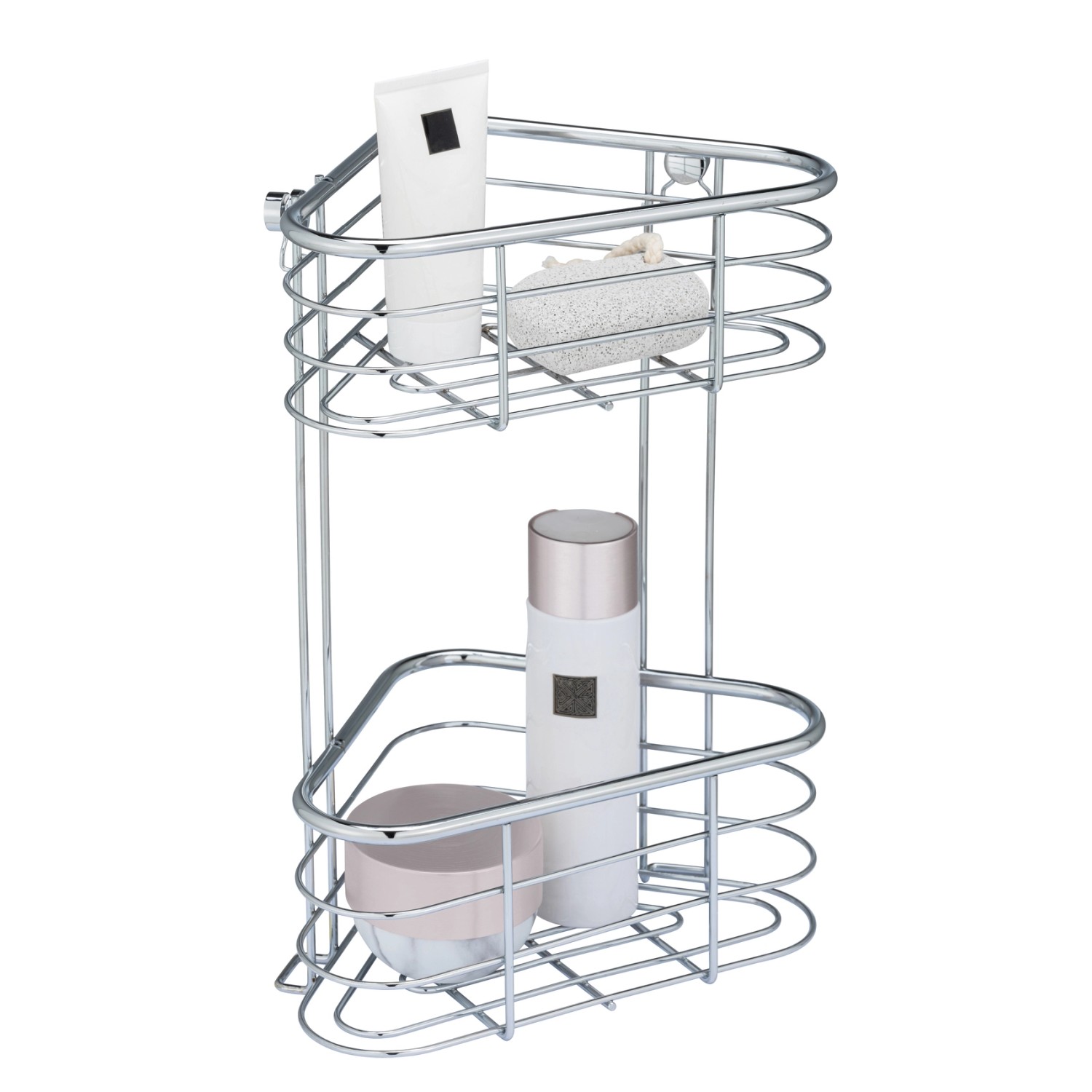 WENKO Eckregal Trestina mit 2 Etagen aus Edelstahl, Drahtdesign für Bad-Utensilien.