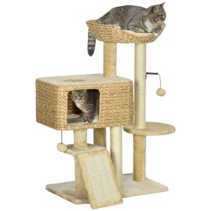 Beiger PawHut Kratzbaum, 98 cm hoch, mit Liegeflächen und Katzenhöhle, zwei Katzen.