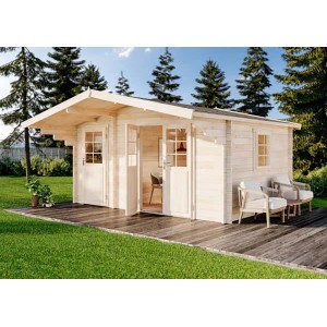 Holz-Gartenhaus Alpholz Brüssel mit Solaranlage und überdachter Terrasse im Garten.