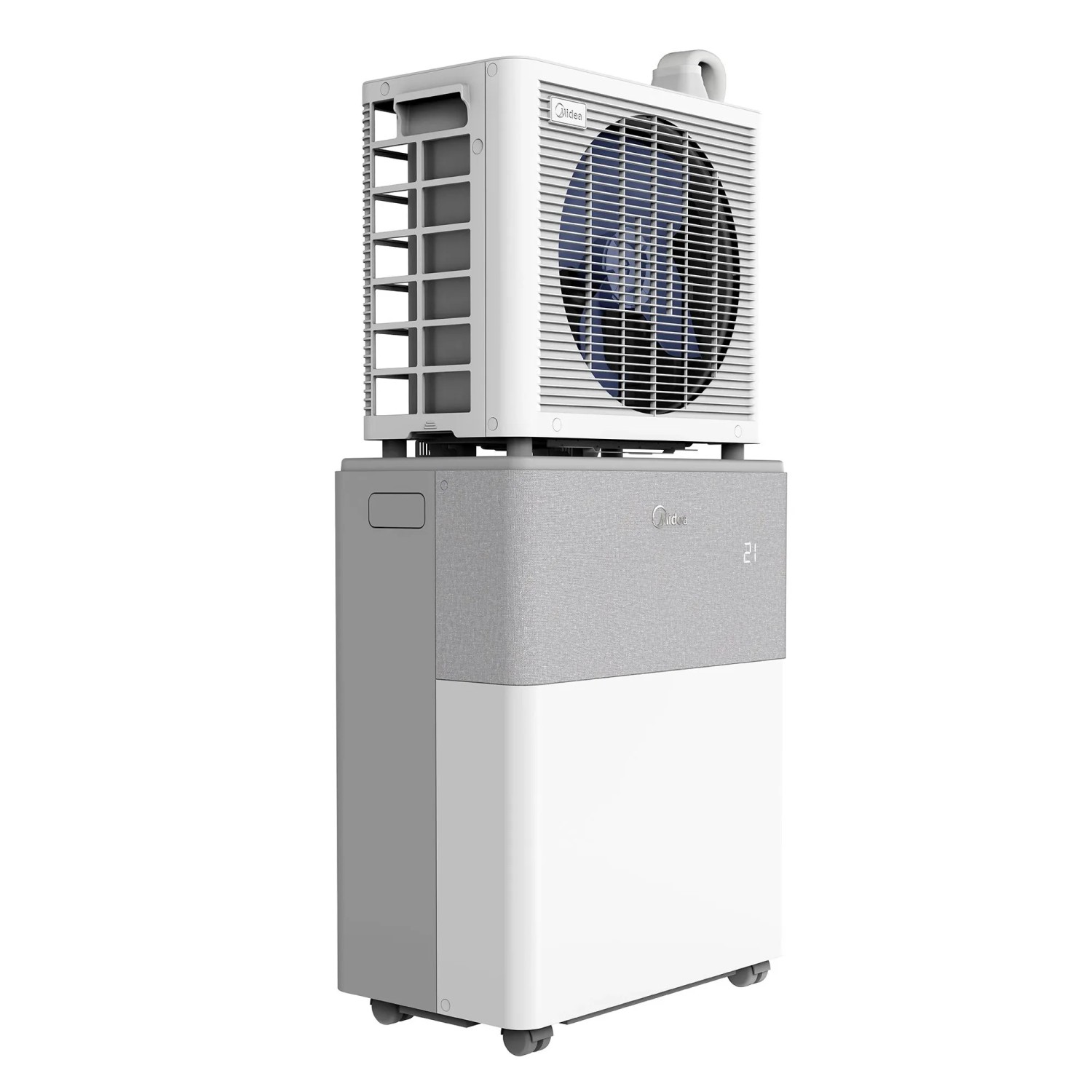 Midea PortaSplit Cool mobile Klimaanlage in Weißgrau, Außeneinheit auf Inneneinheit montiert.