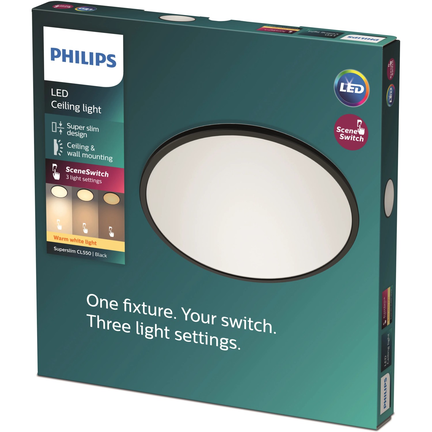 Verpackung des schwarzen Philips LED-Panel Superslim SceneSwitch CL550 mit Hinweisen zu Funktionen.