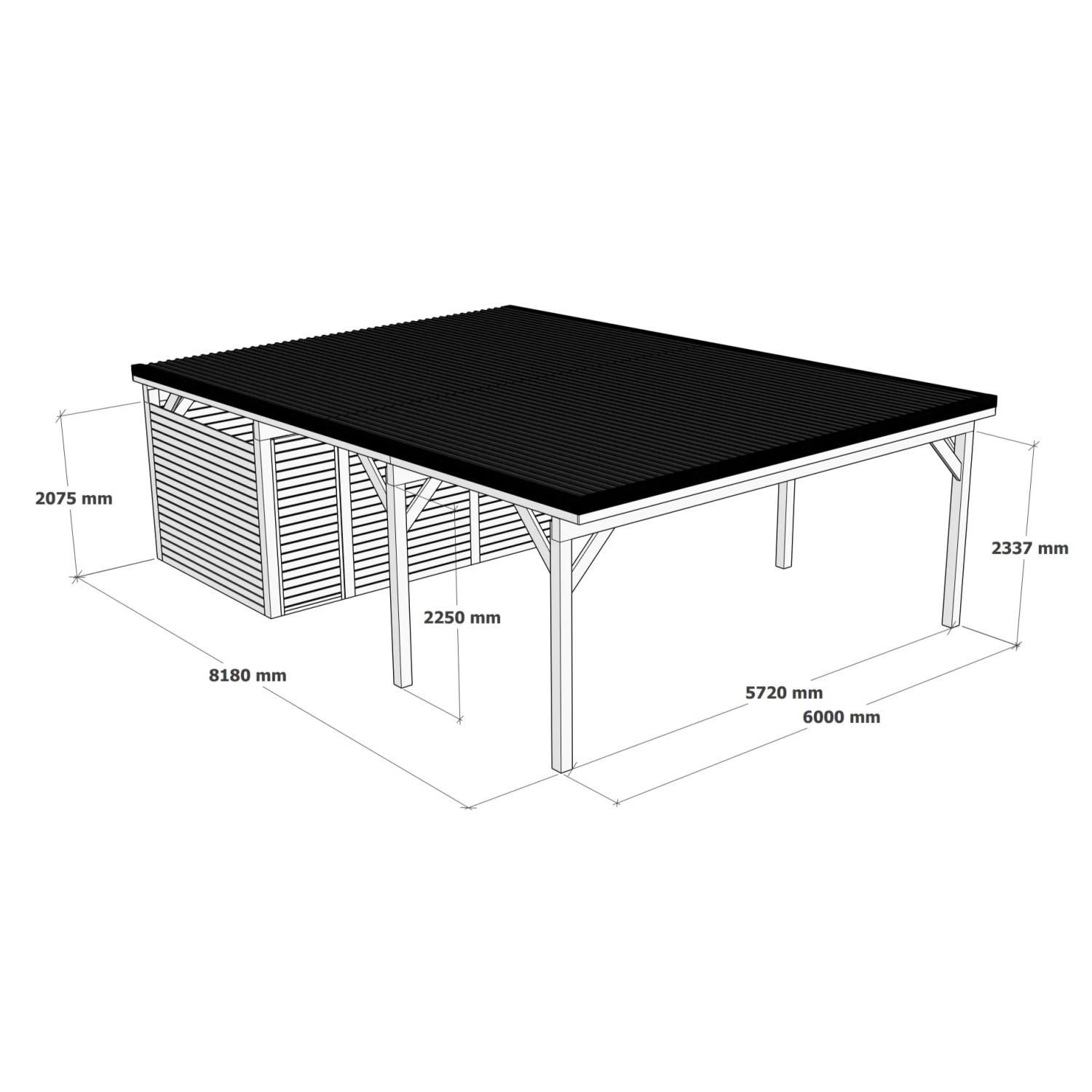 Holzbrüder Doppelcarport Ralf mit Geräteraum, naturbelassen, mit Maßen.