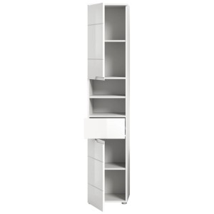 Weißer, hochglänzender Hochschrank Solero (193x38x34cm) mit Schublade und offenen Fächern für Bad oder Hauswirtschaftsraum.