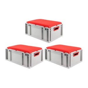 SparSet: 3 graue Euroboxen mit roten Sitzkissen, 44 Liter, mit Griffen. Ideal als Transport- und Sitzbox.
