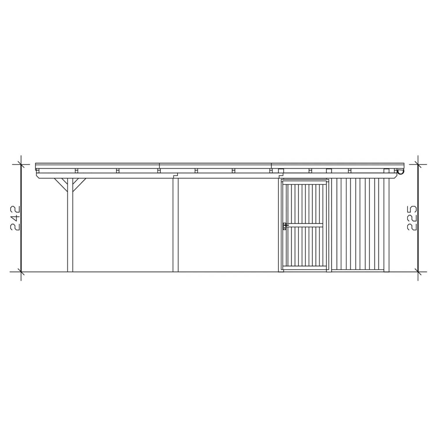 Skizze Skan Holz Einzelcarport Emsland mit Abstellraum, Maße 404x846cm, Flachdach.