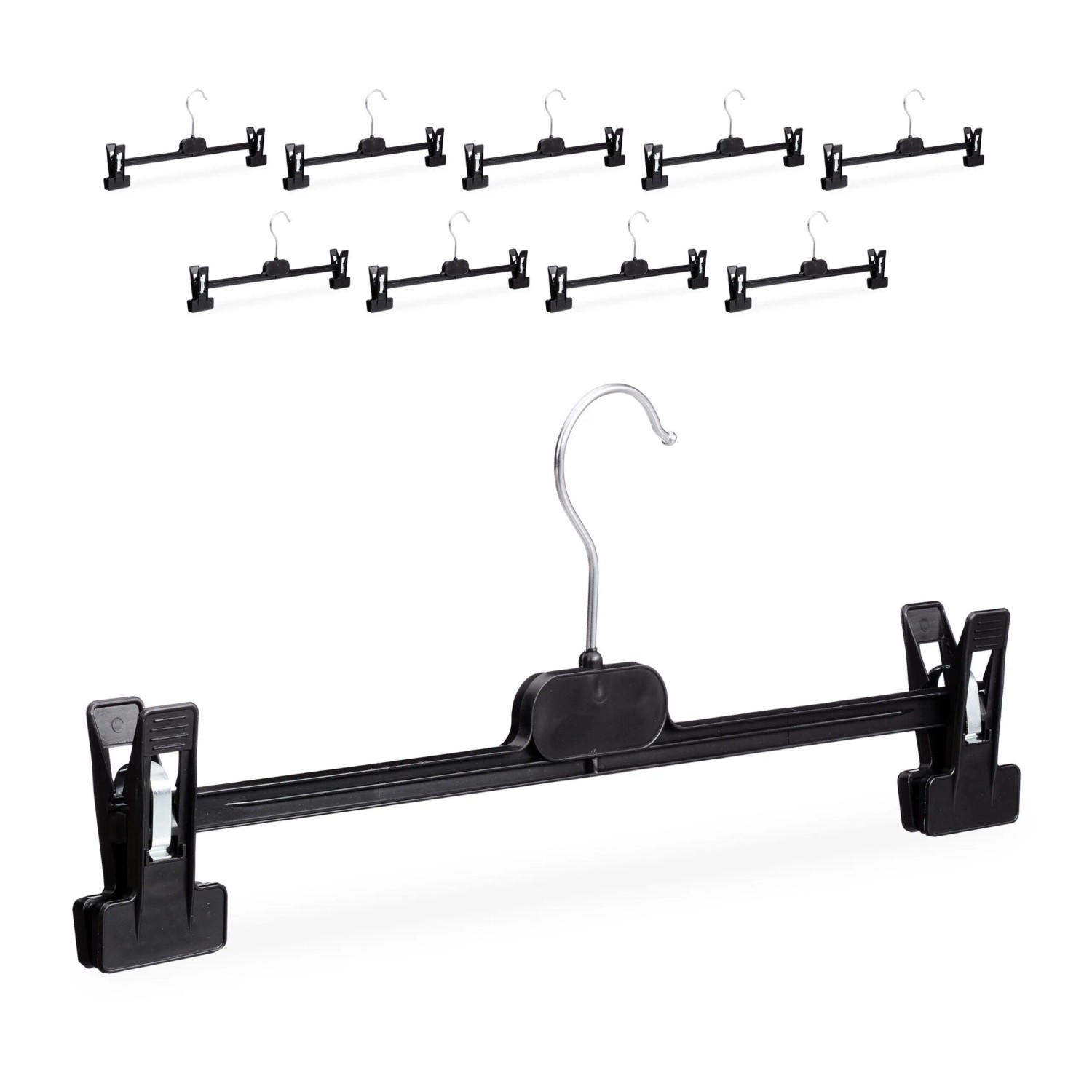 Relaxdays Hosenbügel 10er Set Kunststoff Metall Schwarz Verstellbar mit Clips Drehbar 14 cm x 36 cm x 3 cm