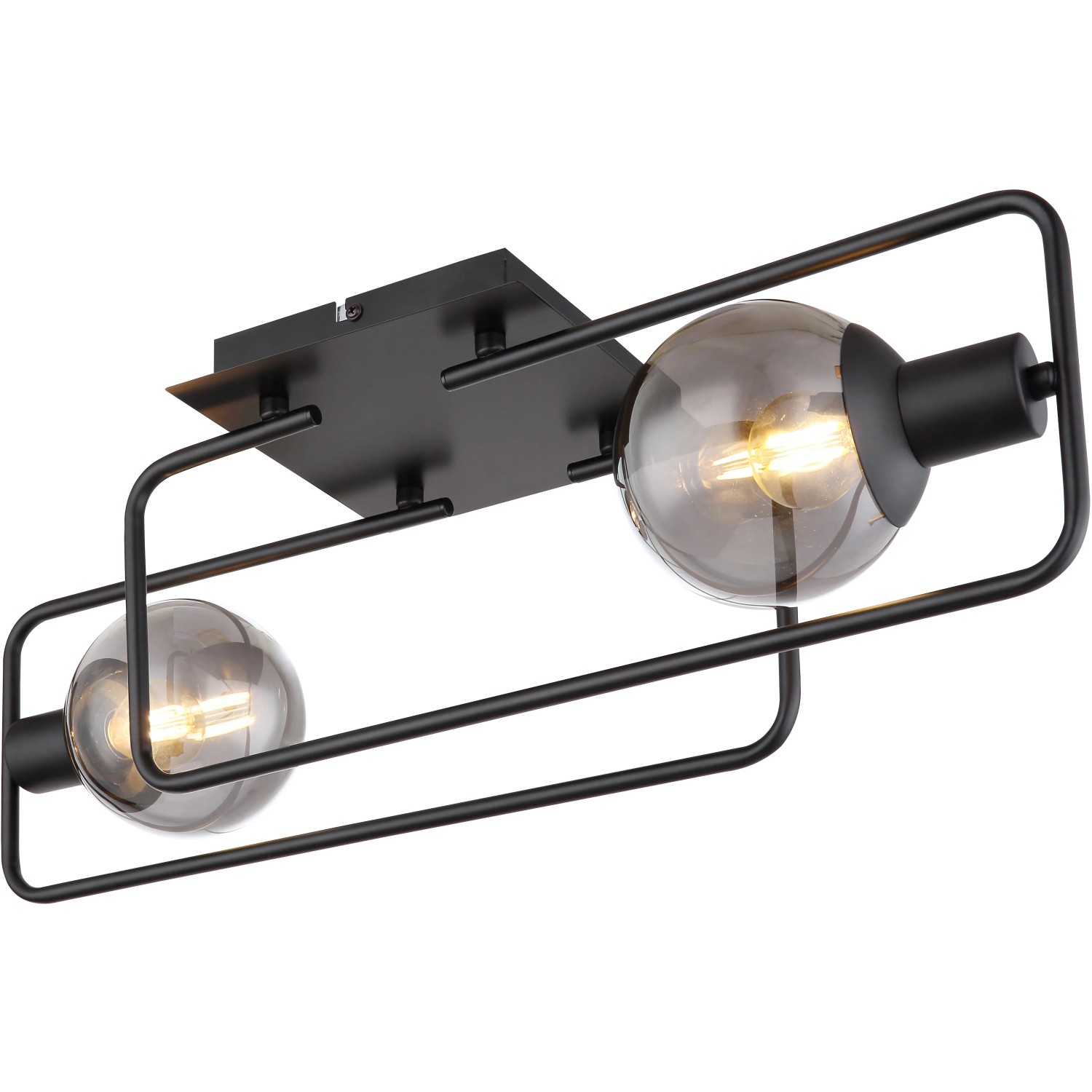 Moderne, 2-flammige Globo Deckenleuchte Blama in Schwarz matt mit rauchfarbenen Glasschirmen.