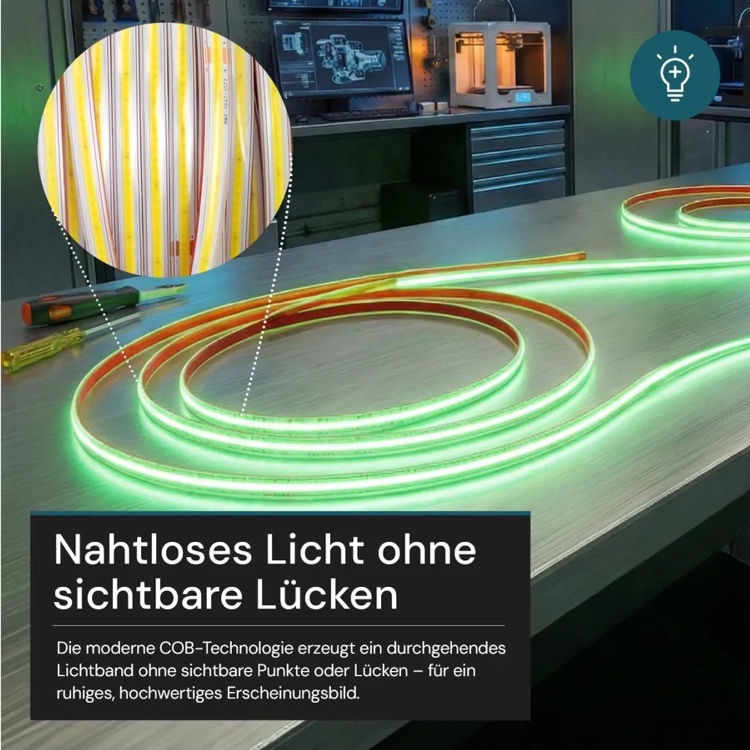 Grüner LUXULA COB LED Streifen (50m) für Weihnachtsbeleuchtung, flexibel und kürzbar.