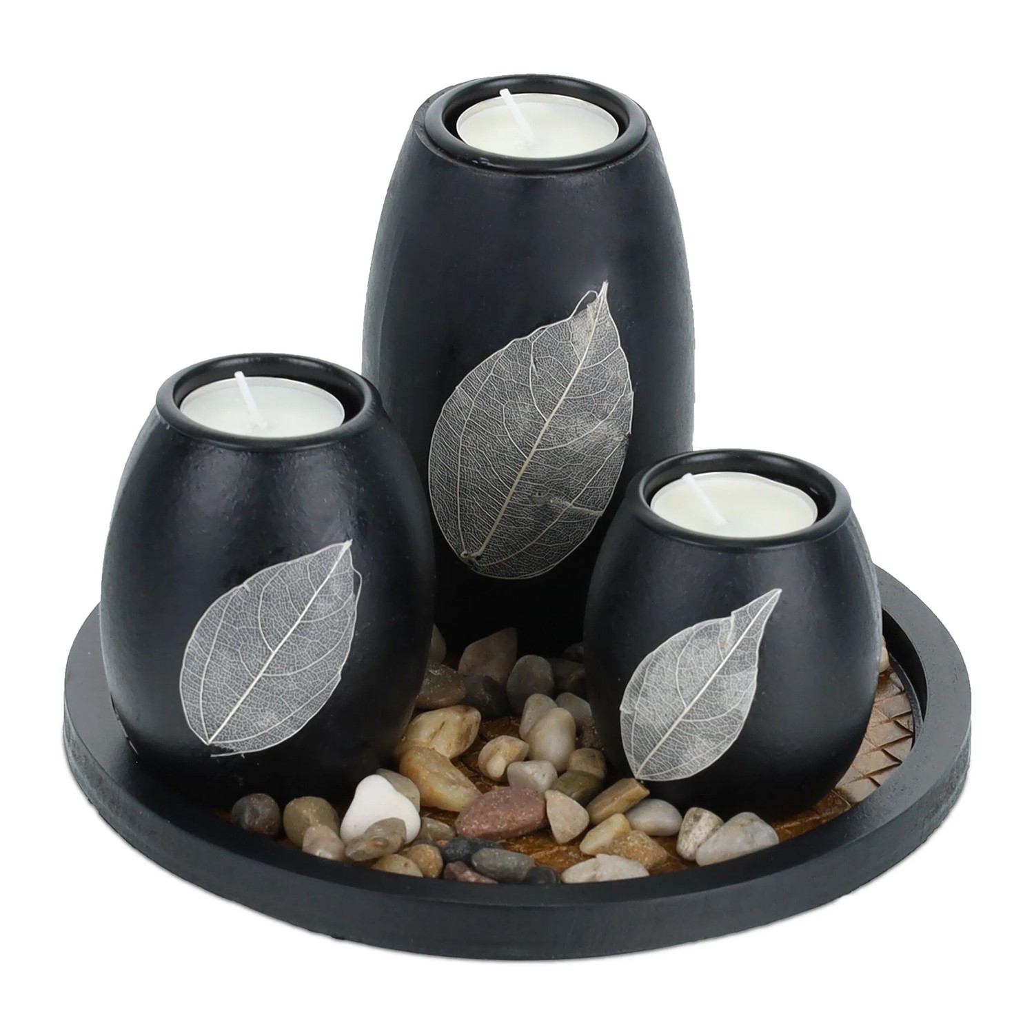 Relaxdays Teelichthalter Set MDF Stein Schwarz Braun Mit Tablett 13,5 cm x 19,5 cm 0,75 kg