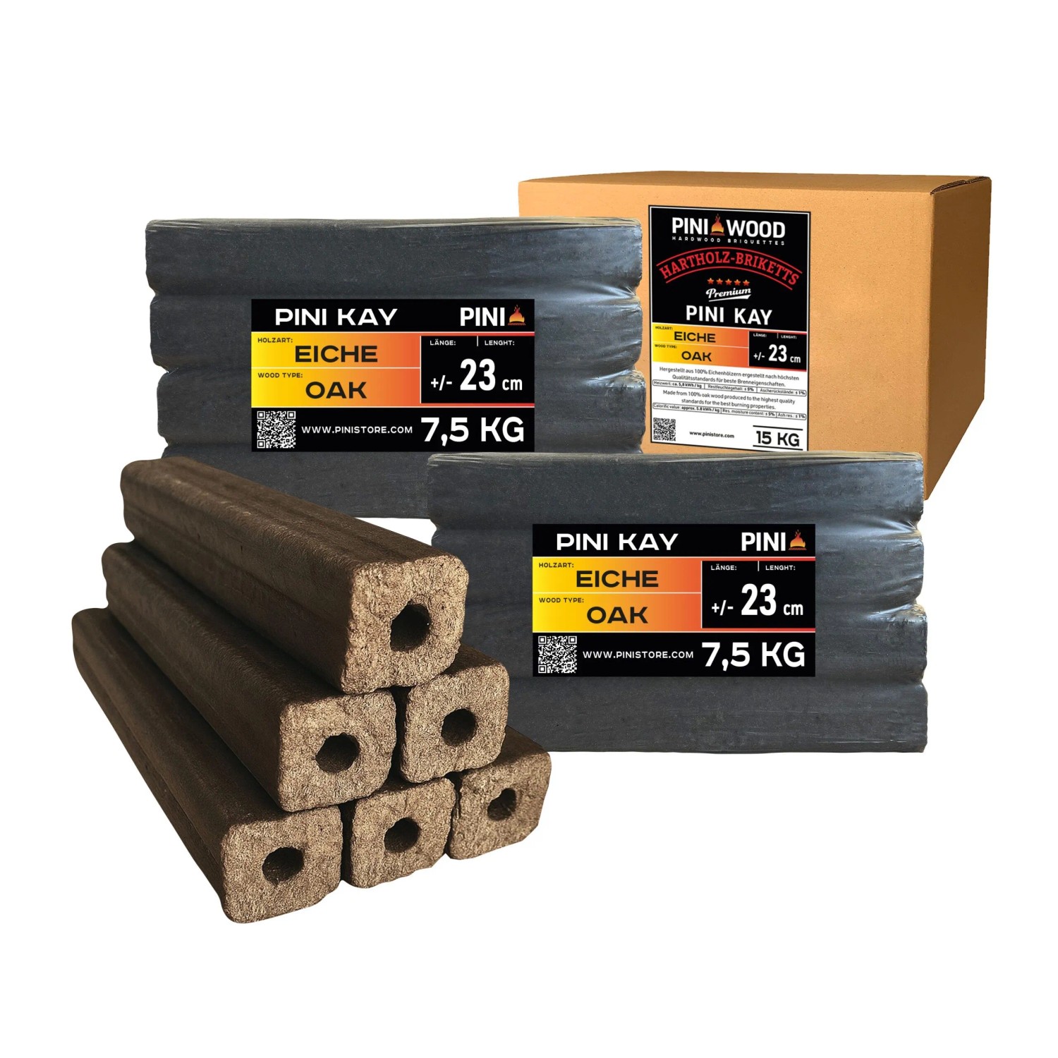 PINI Kay 15 kg Eichenholzbriketts 23 cm Lang Viereckig mit Zugloch Hartholzbriketts Brennholz Holzbriketts Eiche Kamin Ofen Feuerstelle Grill