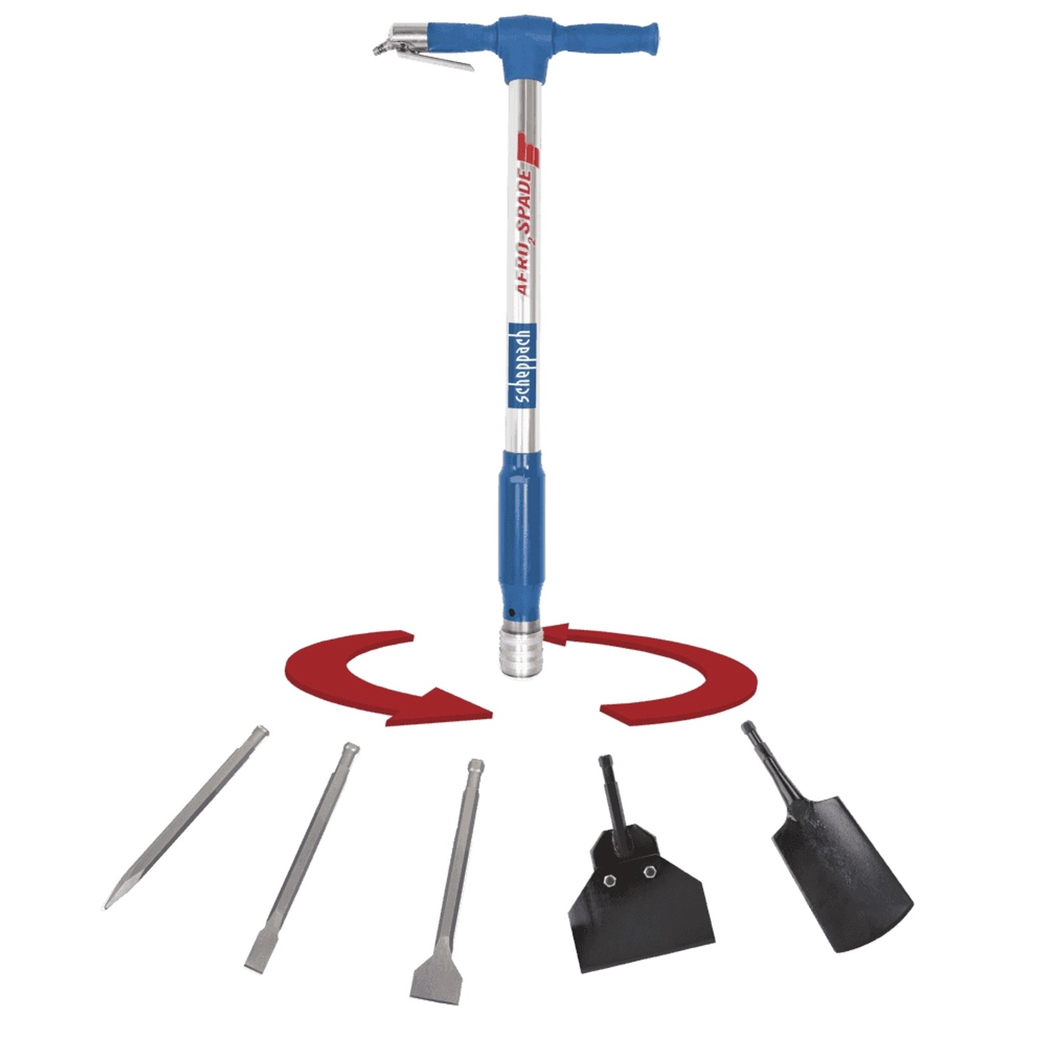 Scheppach Aero² Spade Druckluftspaten mit Zubehör für Kompressoren.