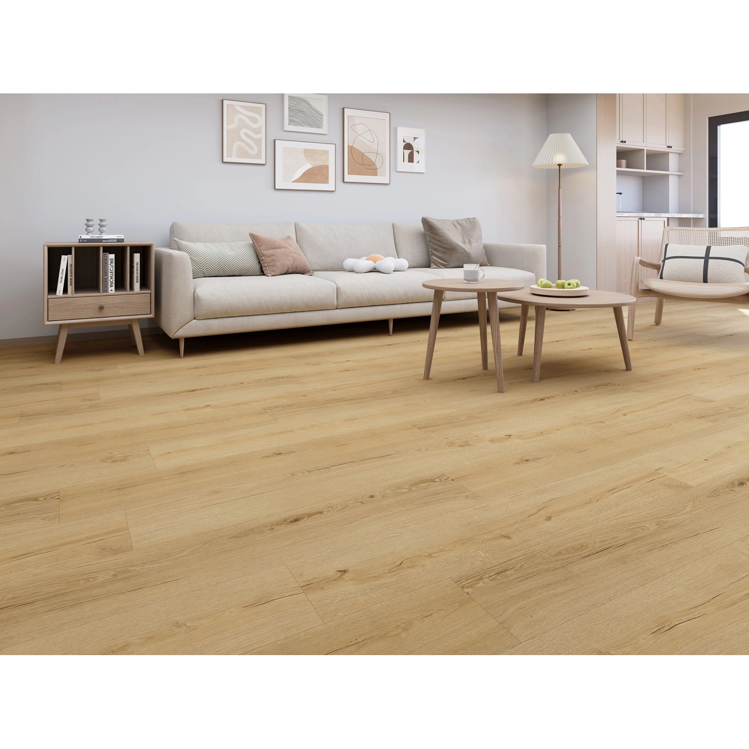 Verlegter Vinylboden Dryback Burgund Eiche im Wohnraum. Strapazierfähiger Bodenbelag in Holzoptik.