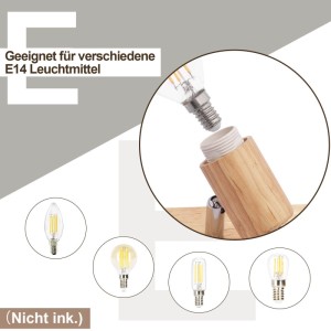 NETTLIFE Deckenstrahler: E14 Leuchtmittel wird in Holzfassung eingesetzt. Verschiedene E14 Birnen-Typen gezeigt. (Nicht inkl.)