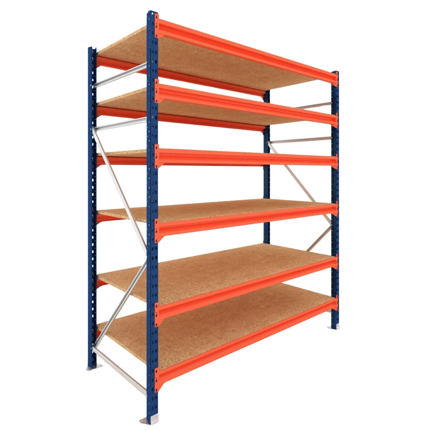 PROREGAL Weitspannregal Schwerlastregal DOMINUS Grundregal 250x240x60cm 6 Ebenen Spanplatten-Fachboden Fachlast 332 kg Blau/Orange