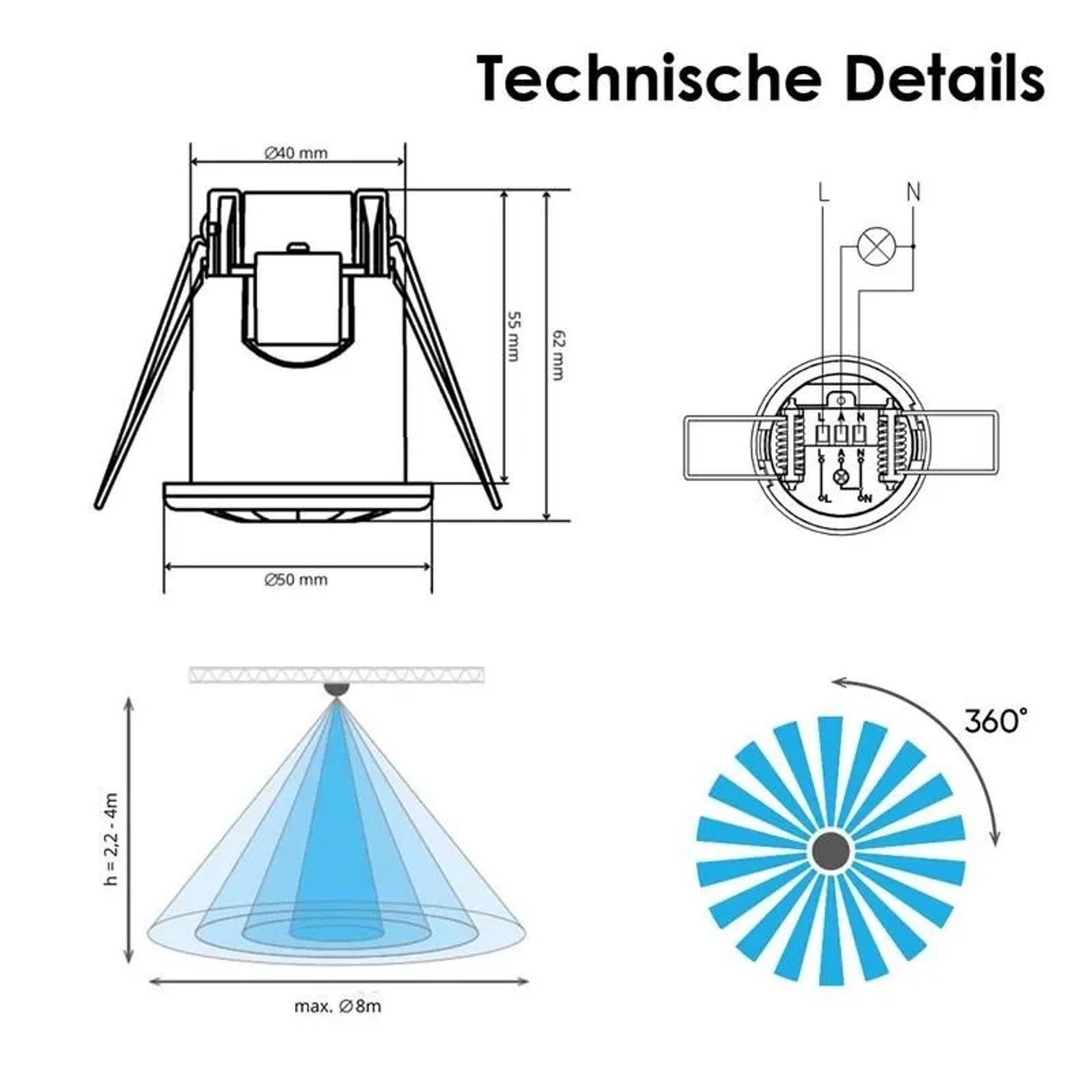 Technische Zeichnung Orno Mini Bewegungsmelder OR-CR-296 W: Maße, Anschlussplan, Erfassungsbereich 360 Grad.