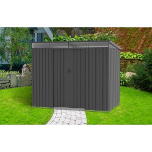 Anthrazitfarbenes Tepro Metallgerätehaus Multi Shed X-Large mit Lichtband im Garten.