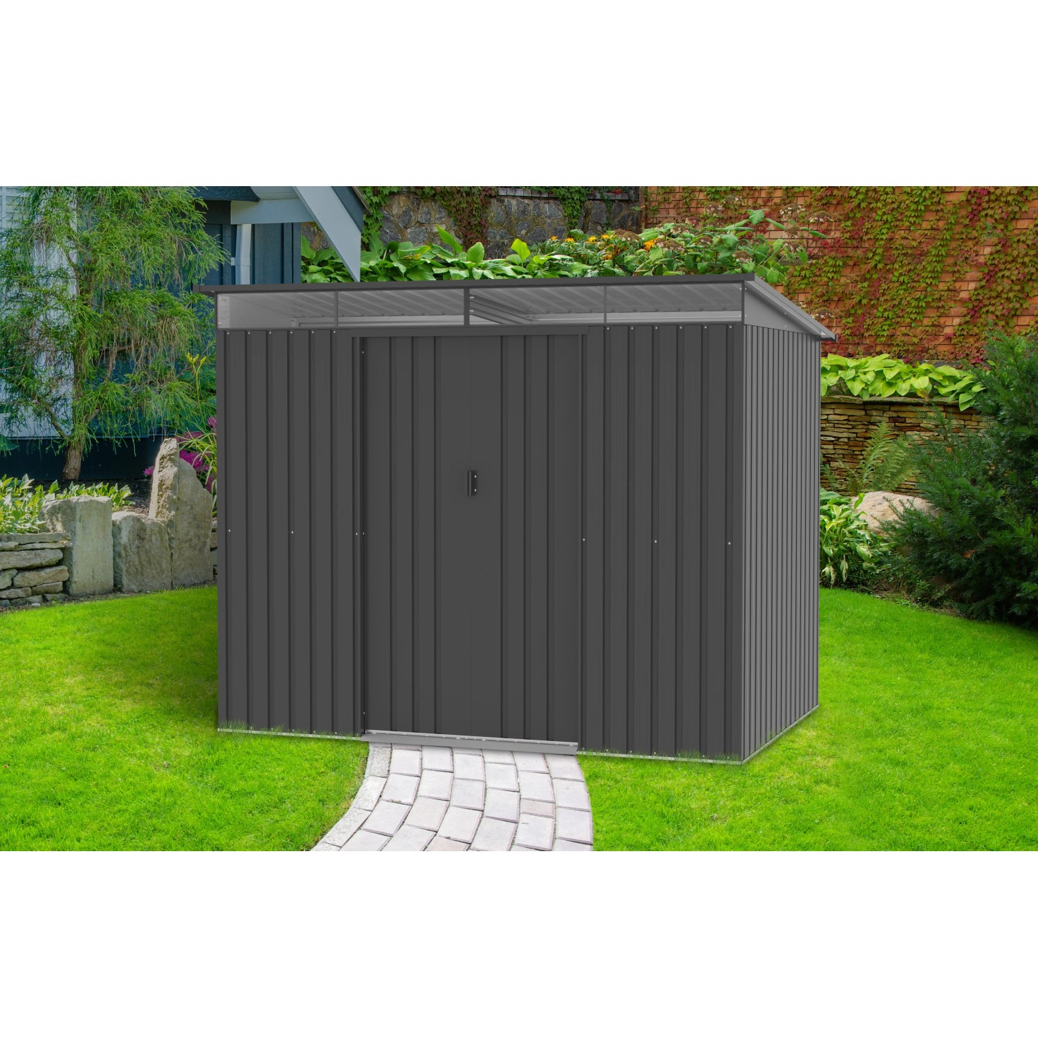 Anthrazitfarbenes Tepro Metallgerätehaus Multi Shed X-Large mit Lichtband im Garten.