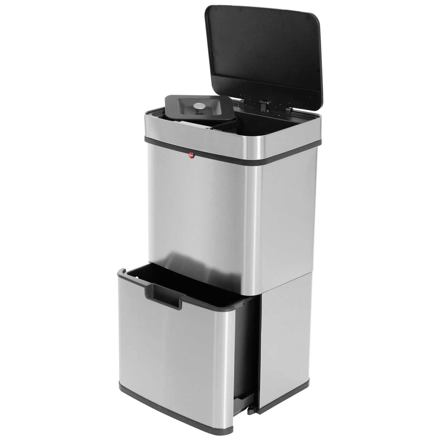 Hailo Öko Vario XL Mülleimer mit Sensor, Edelstahl, 25+25+4 Liter, Deckel geöffnet.