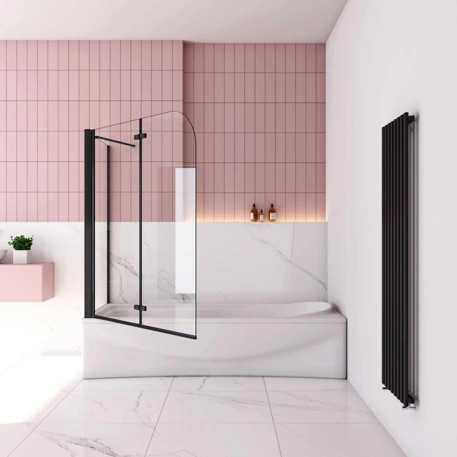 AICA Badewannenaufsatz, 90cm, schwarz, 2-teilig mit 70cm Seitewand aus Nano-ESG Glas.