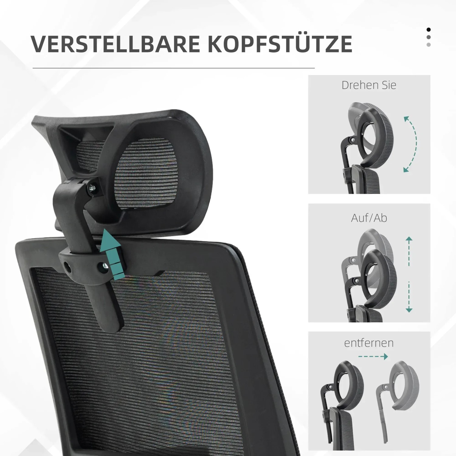 Detailaufnahme: Verstellbare Kopfstütze des schwarzen Vinsetto Bürostuhls mit Mesh-Gewebe.