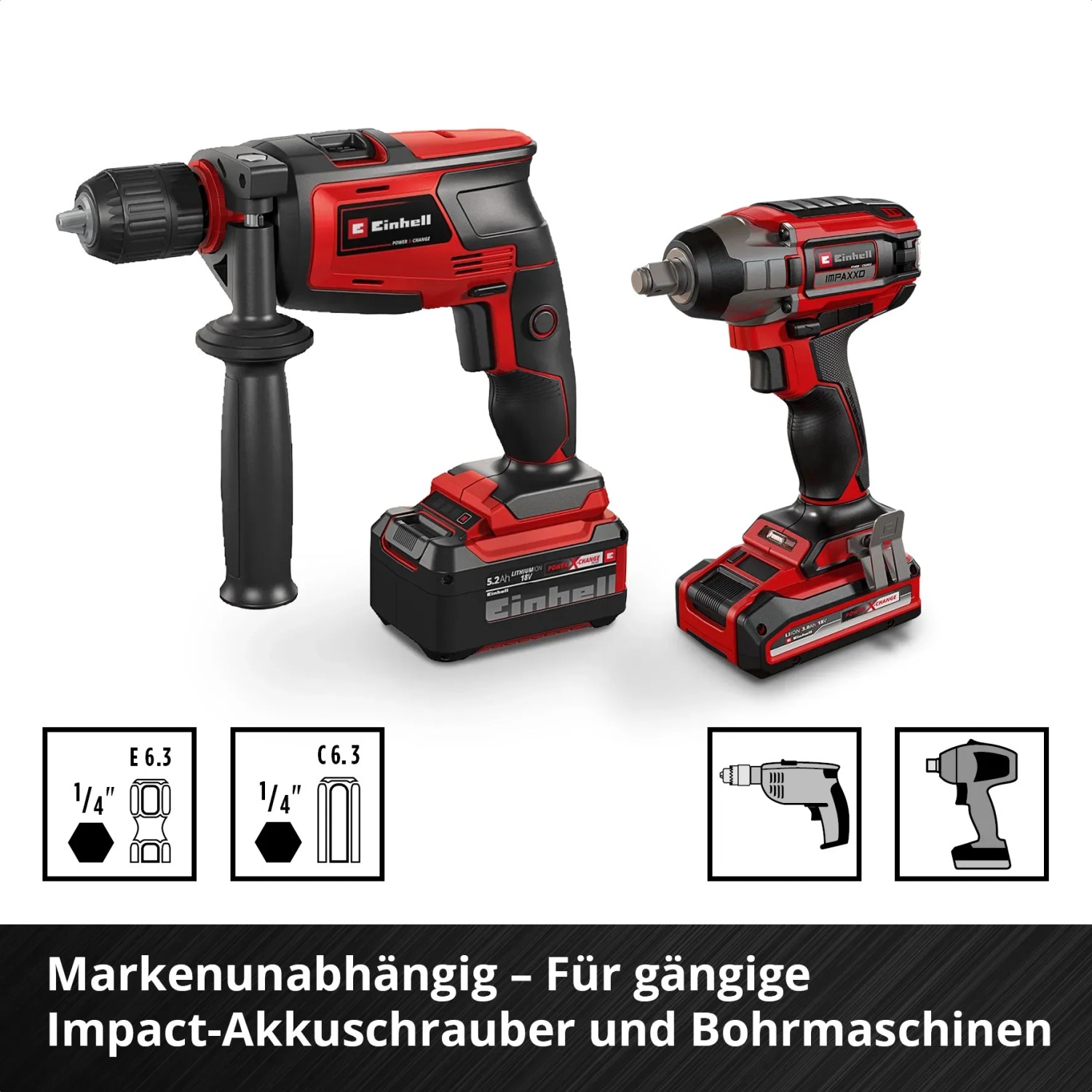 Einhell Akku-Bohrschrauber und Schlagschrauber Set in rotem Design mit Akku.