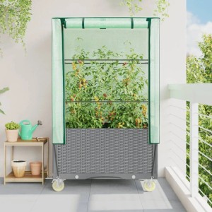 Graues vidaXL Hochbeet mit Aufsatz, Rattan-Optik und Rollen für Garten oder Balkon.