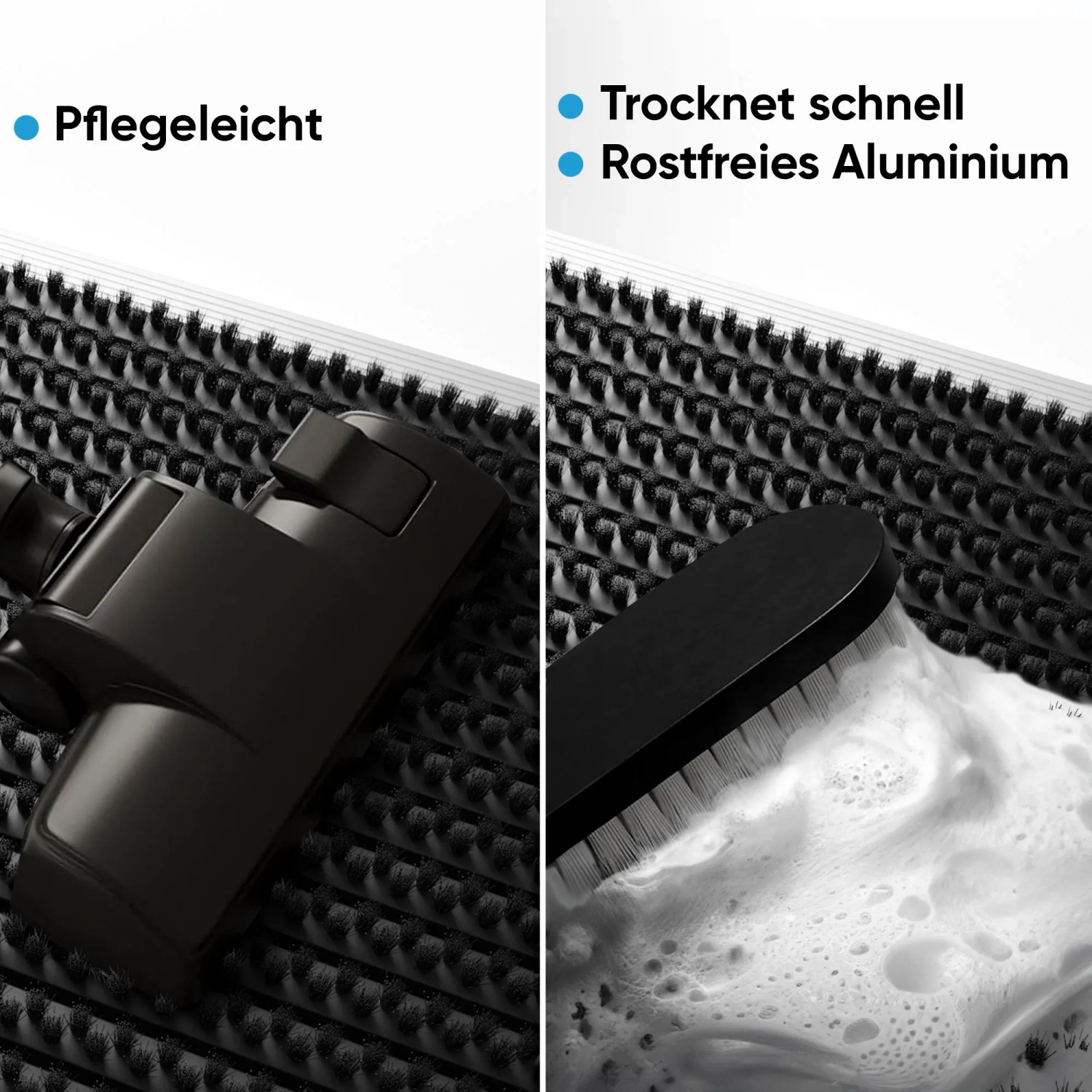 Detailaufnahme: Björn&Schiller Fußmatte mit Aluminiumrahmen und Bürsten, leicht zu reinigen.