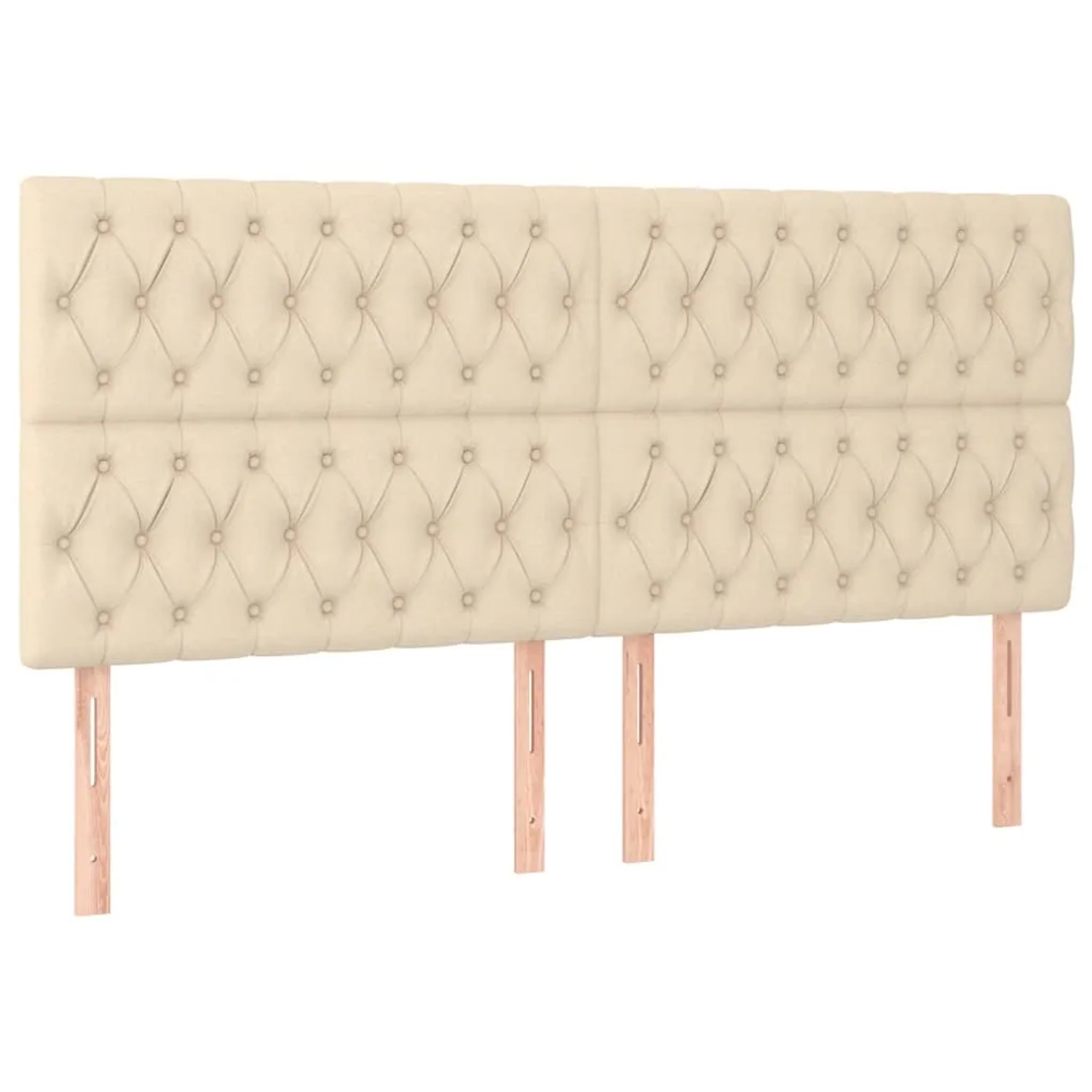Cremefarbenes Boxspringbett Kopfteil mit Knopfheftung, Stoffbezug und Holzfüßen.