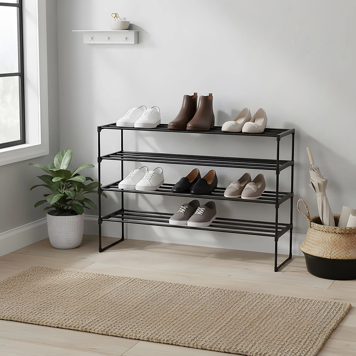 Relaxdays Schuhregal Metall Schwarz Stapelbar Stecksystem 4 Ebenen 72 cm x 117 cm x 30 cm_2