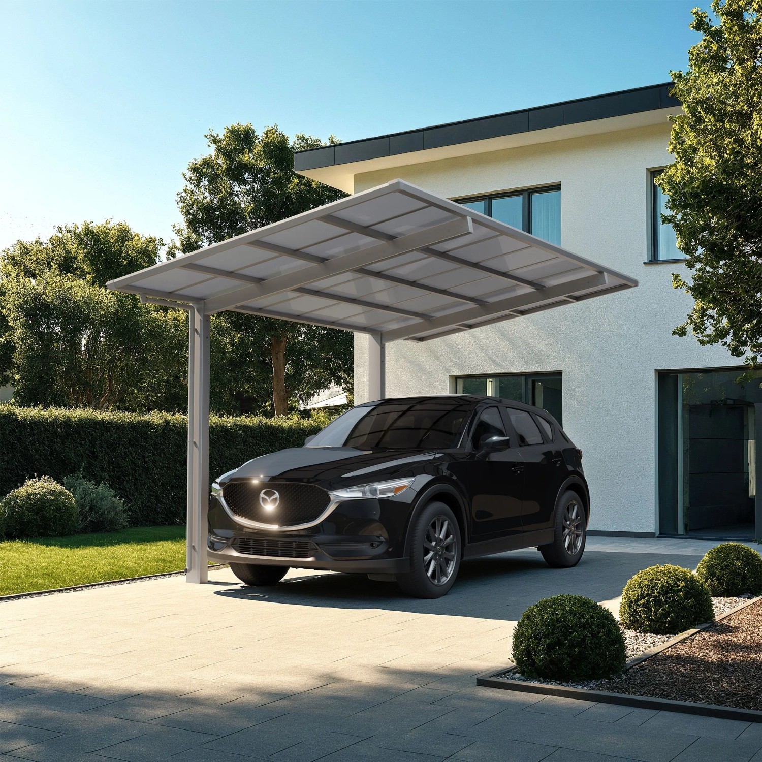 Ximax Alu Carport Linea Edelstahl-Look XL mit Auto vor Haus. Einzelcarport mit transparentem Dach.