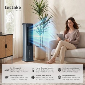 Tectake Luftkühler Alaska, anthrazitfarben, mit Frau auf Sofa. Mobiles Klimagerät für kühlere Raumluft.